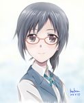  bespectacled black_hair closed_mouth dated glasses highres kem_kem looking_at_viewer ponytail portrait red-framed_eyewear sakai_wakana school_uniform short_hair signature simple_background smile solo tari_tari upper_body yellow_eyes 