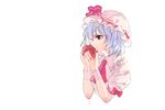  apple ascot blouse blue_hair bow dripping eating food fruit hat hat_bow mob_cap portrait profile red_eyes remilia_scarlet short_hair simple_background solo tansuan_zhanshi touhou white_background wrist_cuffs 