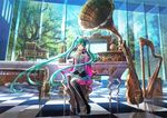  chair checkered checkered_floor fuji_choko green_eyes green_hair harp hatsune_miku headphones headphones_around_neck instrument long_hair looking_at_viewer metronome phonograph piano sitting smile solo thighhighs tree very_long_hair vocaloid window zettai_ryouiki 