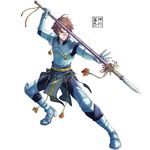  armor brown_hair eudetenis fighting_stance full_armor gauntlets greaves green_eyes male_focus polearm project_ap simple_background solo spear tassel weapon white_background 