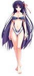  barefoot bell bikini blue_eyes blush breasts cleavage collarbone eyebrows_visible_through_hair eyelashes fingernails full_body grin highres jingle_bell large_breasts long_hair navel one_side_up purple_hair smile solo swimsuit toes toujou_amane transparent_background unionism_quartet very_long_hair 
