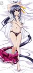  1girl absurdres arm_up barefoot black_panties blue_hair breasts cleavage covering covering_breasts dakimakura feet high_school_dxd high_school_dxd_new highres himejima_akeno huge_filesize long_hair no_bra official_art open_clothes open_shirt panties pink_eyes ponytail school_uniform shirt skirt skirt_around_one_leg skirt_pull underwear very_long_hair 