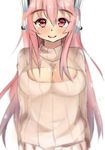  absurdres blush breasts cleavage cleavage_cutout headphones highres large_breasts long_hair looking_at_viewer meme_attire nitroplus open-chest_sweater pink_hair red_eyes ribbed_sweater smile solo super_sonico sweater turtleneck 