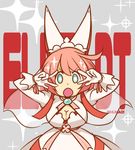  1girl ahoge artist_name blue_eyes bra breasts character_name cleavage cleavage_cutout double_v dress elphelt_valentine female gloves grey_background guilty_gear guilty_gear_xrd joelyn_lai kill_la_kill looking_at_viewer lyn_(shunao) mankanshoku_mako open_mouth parody pink_hair red_bra seiyuu_connection short_hair shunao solo sparkle suzaki_aya underwear v veil white_dress 