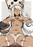  bad_id bad_twitter_id bare_shoulders beltbra blonde_hair breasts collarbone dark_skin guilty_gear guilty_gear_xrd hat koko_shiguma long_hair looking_at_viewer medium_breasts monster navel orange_hair ramlethal_valentine short_shorts shorts sitting solo spread_legs thigh_strap underboob 