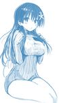  blue blush breasts cleavage_cutout hair_ornament impossible_clothes kawakami_masaki large_breasts long_hair looking_at_viewer meme_attire monochrome naked_sweater open-chest_sweater ribbed_sweater saten_ruiko simple_background sitting sketch solo sweater thighs to_aru_kagaku_no_railgun to_aru_majutsu_no_index white_background 