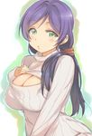  :o aqua_eyes blush breasts cleavage cleavage_cutout deyuuku hair_over_shoulder hand_on_own_chest jewelry jpeg_artifacts large_breasts long_hair love_live! love_live!_school_idol_project low_twintails meme_attire necklace open-chest_sweater purple_hair ribbon solo sweater toujou_nozomi turtleneck twintails upper_body 