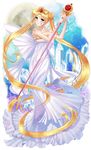  absurdly_long_hair back_bow bad_id bad_pixiv_id bishoujo_senshi_sailor_moon blonde_hair blue_eyes bow crescent crystal cutie_moon_rod double_bun dress facial_mark felicia-val forehead_mark full_body highres long_hair neo_queen_serenity smile solo staff strapless strapless_dress tiara tsukino_usagi twintails very_long_hair white_dress 