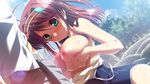  1girl areolae blush breast_hold breast_press breasts breasts_outside game_cg green_eyes hair_ornament large_breasts long_hair minakawa_sui minori natsuzora_no_perseus nipples paizuri penis red_hair rock shouna_mitsuishi swimsuit takasaki_mako uncensored wet yuzuna_hiyo 