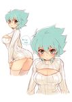  bad_id bad_pixiv_id blush breasts cleavage cleavage_cutout cropped_torso crossed_legs genderswap genderswap_(mtf) german green_eyes green_hair johan_andersen large_breasts looking_at_viewer looking_back meme_attire multiple_views open-chest_sweater ribbed_sweater short_hair sweater thighhighs tobi_(one) turtleneck upper_body white_background yuu-gi-ou yuu-gi-ou_gx 