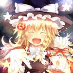  &gt;_&lt; :3 :d ^_^ acoco blonde_hair blush cape closed_eyes food_themed_hair_ornament hair_ornament halloween head_wings highres kirisame_marisa lantern long_hair open_mouth pumpkin_hair_ornament smile solo star touhou 