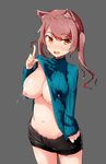  animal_ears bad_id bad_pixiv_id blush breasts brown_eyes brown_hair cleavage clothes_lift lactation lactation_through_clothes large_breasts lifted_by_self looking_at_viewer navel nipples no_bra parted_lips ribbed_sweater shorts smile solo sweater sweater_lift turtleneck twintails umibocchi 