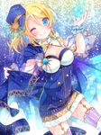  ;) ayase_eli blonde_hair blue_eyes breasts cape cleavage cleavage_cutout constellation_costume garter_straps hair_ornament large_breasts looking_at_viewer love_live! love_live!_school_idol_project mogu_(au1127) one_eye_closed ponytail smile solo starry_sky_print wrist_cuffs 