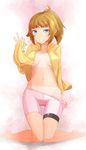  bad_id bad_pixiv_id bike_shorts blue_eyes blush breasts brown_hair comah gundam gundam_build_fighters gundam_build_fighters_try hoshino_fumina jacket kneeling large_breasts looking_at_viewer navel no_bra open_clothes open_jacket ponytail shirt_lift short_hair shorts shorts_pull smile solo underboob undressing 