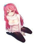  black_legwear blush breasts cleavage cleavage_cutout emily_stock large_breasts looking_at_viewer meme_attire one_side_up open-chest_sweater open_mouth original pantyhose pink_eyes pink_hair ririko_(zhuoyandesailaer) simple_background solo sweater white_background 