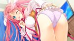  1girl asanoha ass bent_over blue_eyes breasts erect_nipples from_behind game_cg highres katakoi_visionary large_breasts legs long_hair looking_back ooizumi_daisaku open_mouth panties pink_hair skirt skirt_lift smile solo thighs twintails underwear wink 