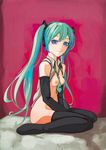  3: aqua_hair between_breasts black_footwear black_legwear blue_eyes blush boots bottomless breasts breasts_outside collared_shirt detached_sleeves full_body hatsune_miku highres long_hair looking_at_viewer malcolm_x_(artist) necktie necktie_between_breasts nipples no_pants open_clothes open_shirt shirt sitting small_breasts solo thigh_boots thighhighs v_arms vocaloid wariza 