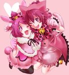  ;d aida_mana animal_ears bad_id bad_pixiv_id bell black_legwear bow bunny_ears bunny_tail cat_ears cat_tail dokidoki!_precure eye_contact flipped_hair full_body half_updo jingle_bell looking_at_another mirrrrr multiple_girls one_eye_closed open_mouth panther_pink_(precure) paw_pose personification pink pink_background pink_bow pink_eyes pink_hair pink_skirt precure ribbon sharuru_(dokidoki!_precure) sharuru_(dokidoki!_precure)_(human) shawl shoes short_hair skirt smile tail thighhighs 