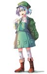  backpack bag blue_eyes blue_hair boots brown_footwear full_body hair_bobbles hair_ornament hat kawashiro_nitori key knee_boots long_sleeves looking_at_viewer open_mouth shirt short_hair simple_background skirt skirt_set smile solo sone_(takahiro-osone) thighhighs touhou two_side_up white_background white_legwear 