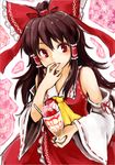  ascot bare_shoulders bow brown_hair checkered checkered_background commentary_request detached_sleeves finger_licking hair_bow hair_tubes hakurei_reimu licking long_hair monrooru parfait red_eyes solo touhou 