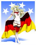  2014_fifa_world_cup blonde_hair blue_eyes breasts character_request collarbone facepaint flag full_body german_flag germany gradient gradient_background heart hips holding izuna_nie kneehighs long_hair medium_breasts midriff no_shoes number original outstretched_arms parted_lips short_shorts short_sleeves shorts silhouette soccer soccer_uniform solo sportswear standing star thighs two_side_up world_cup 