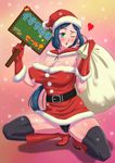  belt black_legwear black_panties blue_eyes blue_hair blush boots breasts cameltoe christmas cleavage covered_nipples fur_trim gloves gundam gundam_build_fighters hat heart holding holding_sign huge_breasts iori_rinko lips long_hair looking_at_viewer mature one_eye_closed panties ponytail red_gloves sack santa_costume santa_hat shadow sign snow snowing solo squatting tack_(dnet) thighhighs underwear 