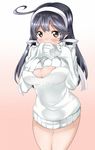  ahoge black_hair blush breasts brown_eyes cleavage cleavage_cutout gradient gradient_background hairband kantai_collection large_breasts long_hair meme_attire open-chest_sweater ribbed_sweater serakoutarou solo sweater turtleneck ushio_(kantai_collection) 