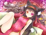  animal_ears black_hair cat_ears cat_tail china_dress chinese_clothes couch double_bun dress dutch_angle hair_ribbon hairband heterochromia kokoa_(kuroki_mashiro) kuroki_mashiro lolita_hairband long_hair looking_at_viewer original pillow ribbon sitting smile solo tail 