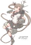  2014 absurdly_long_hair ayanami_(kantai_collection) belt black_eyes black_legwear black_skirt blouse brown_hair dated full_body hair_ribbon kantai_collection kneehighs long_hair machinery neckerchief open_mouth pleated_skirt pureji_oshou remodel_(kantai_collection) ribbon sailor_collar school_uniform searchlight serafuku side_ponytail simple_background skirt solo twitter_username very_long_hair white_background 