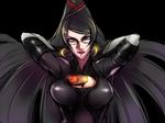  amulet bangs bayonetta bayonetta_(character) beehive_hairdo black_hair bodysuit breasts candy cleavage cleavage_cutout crescent crescent_earrings earrings elbow_gloves food glasses gloves hair_ribbon hands_in_hair jewelry kaneaki_mukku large_breasts lips lollipop long_hair mole mole_on_breast red_eyes ribbon solo swept_bangs very_long_hair white_gloves 