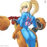 arm_cannon ass blonde_hair blue_eyes blush bodysuit breasts covered_nipples from_behind highres kawa-v large_breasts long_hair looking_back metroid ponytail power_armor samus_aran scrunchie skin_tight solo toned undressing varia_suit weapon zero_suit 