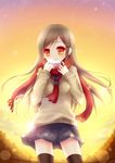  :d black_legwear brown_hair hair_ornament hairclip highres kuroki_mashiro long_hair looking_at_viewer open_mouth orange_eyes original pleated_skirt red_scarf scarf school_uniform serafuku skirt smile solo steam thighhighs twilight wind zettai_ryouiki 