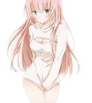  alternate_costume blue_eyes breasts cleavage cleavage_cutout hiro_(hirohiro31) long_hair looking_at_viewer medium_breasts megurine_luka meme_attire open-chest_sweater pink_hair simple_background solo sweater vocaloid white_background 