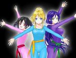  arms_up artist_request ayase_eli black_hair blonde_hair blue_bodysuit blue_eyes bodysuit cat's_eye cosplay green_eyes jpeg_artifacts long_hair love_live! love_live!_school_idol_project multiple_girls parody pink_bodysuit ponytail purple_bodysuit purple_hair red_eyes toujou_nozomi twintails unitard yazawa_nico 