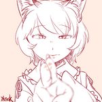  animal_ears bangs blurry commentary_request depth_of_field fingernails fingers foreshortening fox_ears frills half-closed_eyes incoming_kiss indirect_kiss lipstick lipstick_mark looking_at_viewer makeup monochrome sepia_background simple_background slit_pupils solo touhou upper_body yakumo_ran yukaran_nosuke 