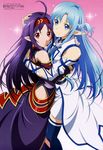  absurdres ahoge asuna_(sao) asuna_(sao-alo) blue_eyes blue_hair braid hairband half_updo hand_on_another's_head highres hug long_hair looking_at_viewer multiple_girls navy_blue_legwear non-web_source official_art pointy_ears purple_hair red_eyes smile sword_art_online tanabe_kenji thighhighs yuuki_(sao) zettai_ryouiki 