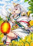  animal_ears breasts cleavage company_name copyright_name detached_sleeves field flower flower_field fox_ears fox_tail hair_ornament holding japanese_clothes lampion long_hair looking_at_viewer lying medium_breasts official_art red_eyes renta_(deja-vu) silver_hair solo tail tenka_touitsu_chronicle 
