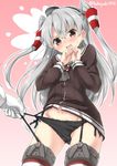  admiral_(kantai_collection) amatsukaze_(kantai_collection) blush brown_eyes furrowed_eyebrows garter_straps hairband kantai_collection long_hair open_mouth panties panty_lift pulled_by_another side-tie_panties silver_hair solo_focus strap_pull takoyaki_(takoyaki-batake) twitter_username two_side_up underwear uniform wavy_mouth 