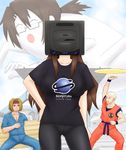  2girls agohige ben-tou black_shirt bozu breasts brown_hair chapatsu city curvy dragon_ball faceless faceless_female ghost glasses long_hair mask multiple_girls neck object_on_head oshiroi_hana sega sega_saturn shirt 