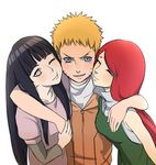  2girls :t absurdres arms_around_neck black_hair blonde_hair blue_eyes blush family girl_sandwich highres husband_and_wife hyuuga_hinata j88818541 long_hair mother_and_son motherly multiple_girls naruto:_the_last naruto_(series) one_eye_closed open_mouth red_hair sandwiched short_hair smile uzumaki_kushina uzumaki_naruto white_eyes 
