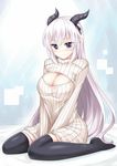  3: black_legwear blush breasts cleavage cleavage_cutout demon_horns hair_ribbon highres horns large_breasts long_hair looking_at_viewer meme_attire miyuki_rei open-chest_sweater original pointy_ears purple_eyes ribbed_sweater ribbon silver_hair simple_background solo sweater thighhighs turtleneck zettai_ryouiki 