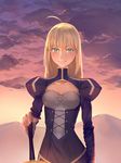  ahoge artoria_pendragon_(all) blonde_hair dress excalibur fate/stay_night fate_(series) green_eyes hair_down hand_on_hilt juliet_sleeves long_hair long_sleeves puffy_sleeves saber sky341125290 solo 