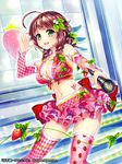  :d ahoge breasts brown_hair cleavage drill_hair food fruit green_eyes hair_ornament holding large_breasts leaf leaf_on_head long_hair looking_at_viewer microphone navel official_art open_mouth renta_(deja-vu) salute smile solo strawberry tenka_touitsu_chronicle 