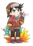  aircraft airplane black_hair blue_eyes bomber_hat chibi explosion gloves jacket jojo_no_kimyou_na_bouken joseph_joestar_(young) junky_(water_fei) male_focus o3o red_jacket scarf solo 