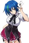  1girl blue_hair breasts green_hair high_school_dxd large_breasts looking_at_viewer school_uniform skirt smile solo standing white_background xenovia_(high_school_dxd) yellow_eyes 
