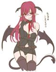  alternate_costume bare_shoulders bat_wings bespectacled black_gloves black_legwear breasts colorized demon_tail detached_collar garter_straps glasses gloves head_wings jpeg_artifacts koakuma large_breasts lips long_hair looking_at_viewer midriff moneti_(daifuku) navel necktie pointy_ears red_eyes red_hair red_neckwear simple_background sketch skirt sleeveless smile solo tail text_focus thighhighs touhou translated white_background wings 