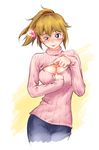  :p breasts cleavage gundam gundam_build_fighters gundam_build_fighters_try half-closed_eye heart hoshino_fumina jinbao_zhaobo large_breasts meme_attire naughty_face open-chest_sweater ponytail ribbed_sweater simple_background solo sweater tongue tongue_out turtleneck 