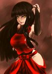  bangs black_hair breasts bridal_gauntlets elbow_gloves fighting_stance gloves hakama hashimoto_kiriya japanese_clothes large_breasts leotard long_hair m.u.g.e.n nontraditional_miko original red_hakama sendai_hakurei_no_miko solo touhou yellow_eyes 