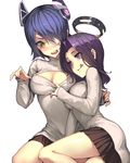  :q assisted_exposure bad_id bad_pixiv_id blue_hair blush breasts cleavage clothes_pull geeto_gaadian halo headgear kantai_collection long_hair medium_breasts meme_attire multiple_girls no_bra open-chest_sweater open_mouth purple_hair short_hair skirt sweater sweater_pull tatsuta_(kantai_collection) tenryuu_(kantai_collection) thighs tongue tongue_out turtleneck yellow_eyes yuri 