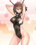  alternate_costume armpits arms_behind_head arms_up ban blush breasts brown_hair collar competition_swimsuit covered_navel gloves green_eyes hair_ornament headgear highleg highleg_swimsuit highres kantai_collection large_breasts looking_at_viewer mutsu_(kantai_collection) one-piece_swimsuit short_hair smile solo swimsuit 